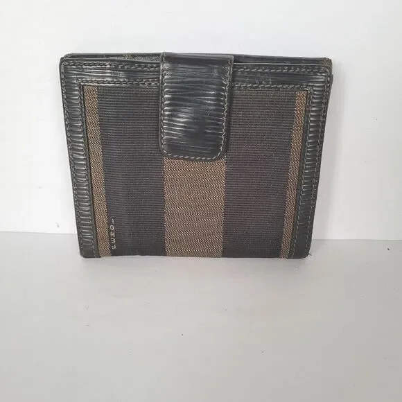 Fendi Vintage Pequin Wallet Canvas Leather Wallet Black Purse Bifold Compact - Picture 2 of 16